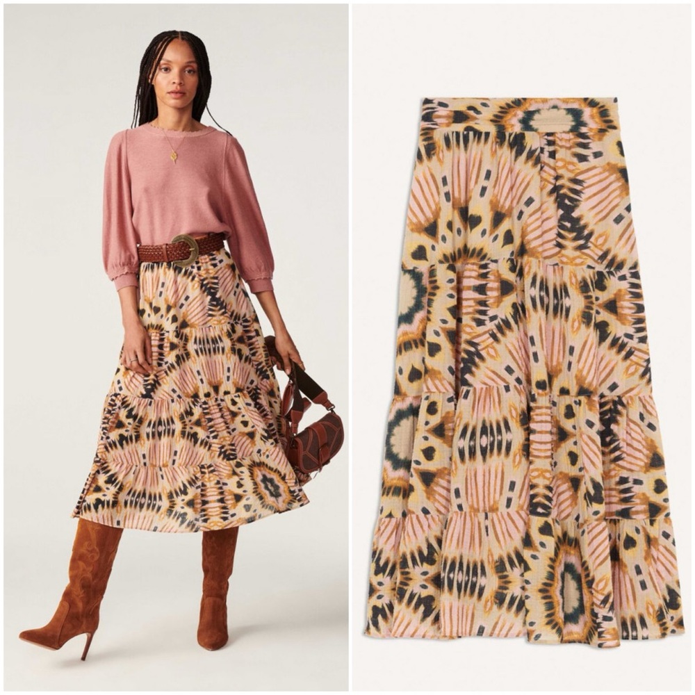 NWT ba$sh Claren Tiered Midi Skirt, Beige, Size XS